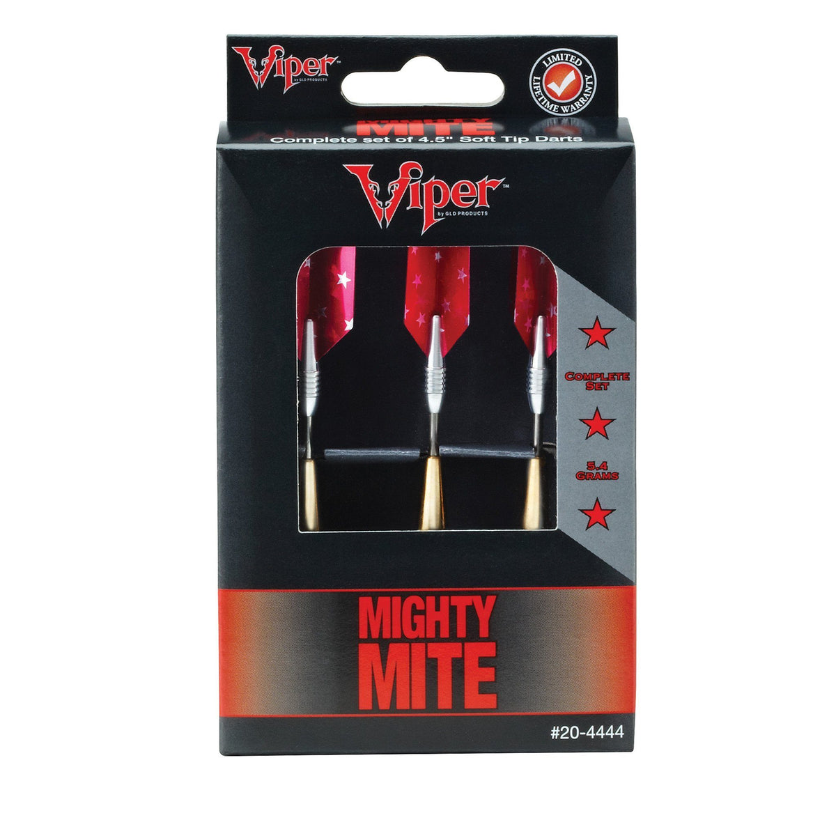 Three red and black soft tip darts with cream barrels in Viper packaging