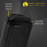 Black nylon dart case with zipper and branded oval patch on front