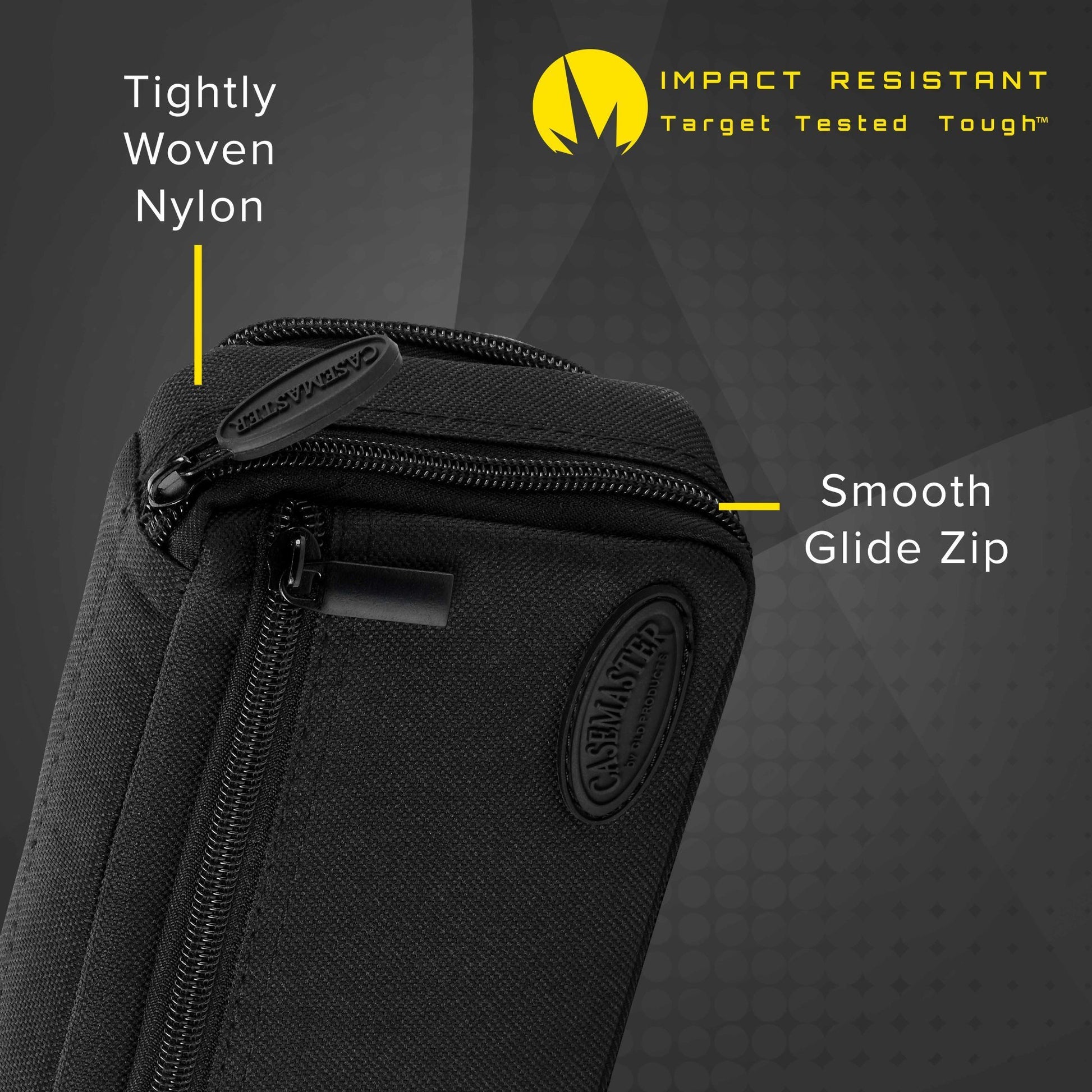 Black nylon dart case with zipper and branded oval patch on front