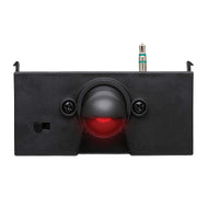 Black trackball mouse with red illuminated ball, two side buttons, and metal lever on top