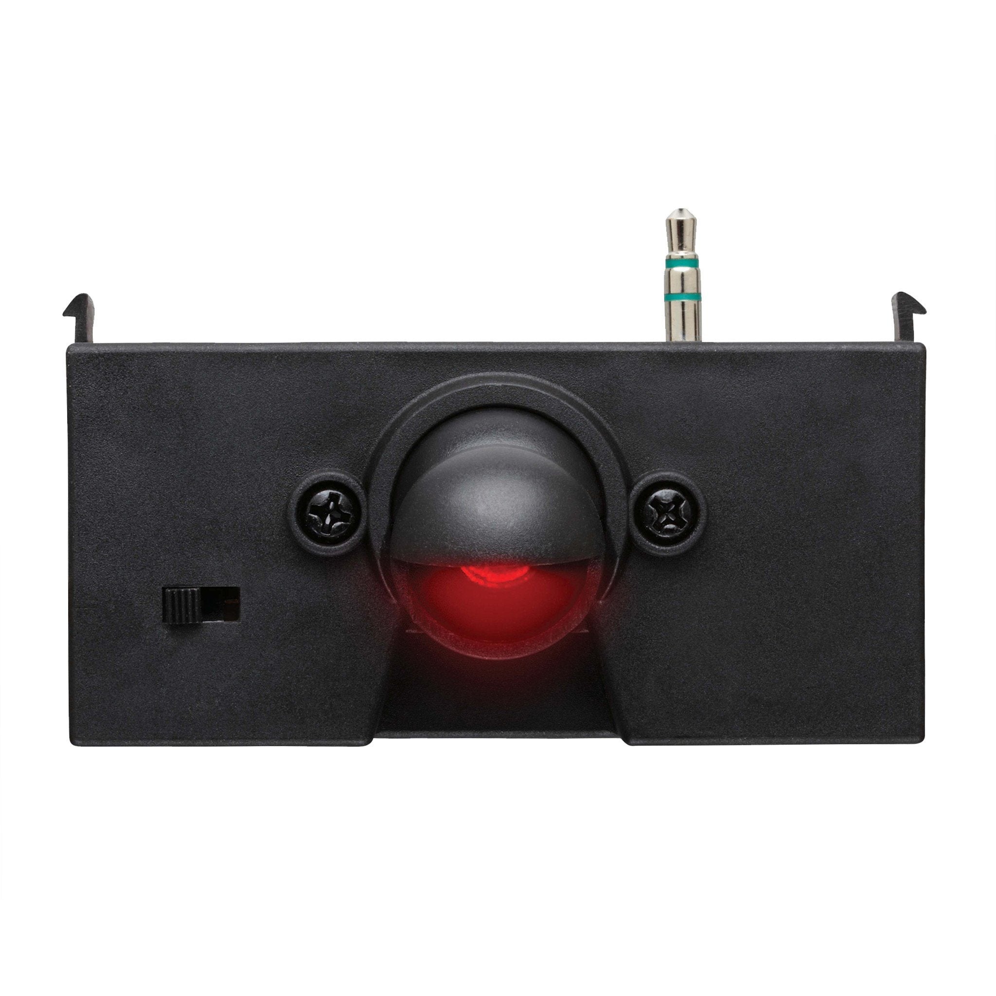 Black trackball mouse with red illuminated ball, two side buttons, and metal lever on top