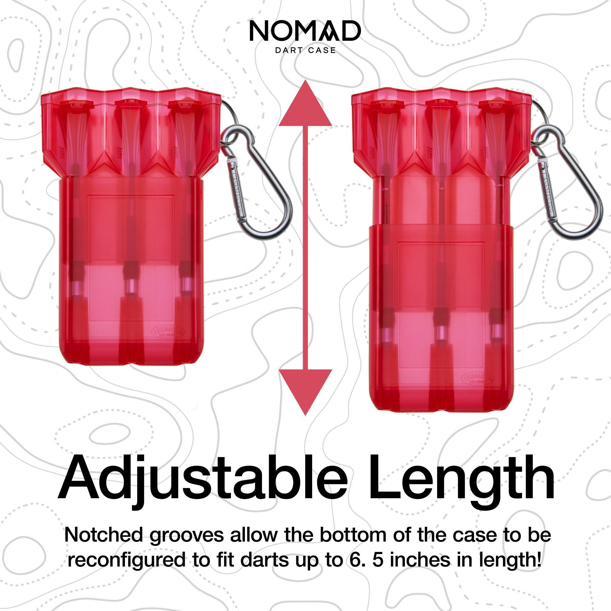 Two red translucent dart cases with metal carabiners showing adjustable length feature