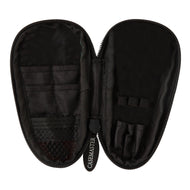 Black dart case opened flat showing mesh pockets inside and zipper pull labeled "Casemaster