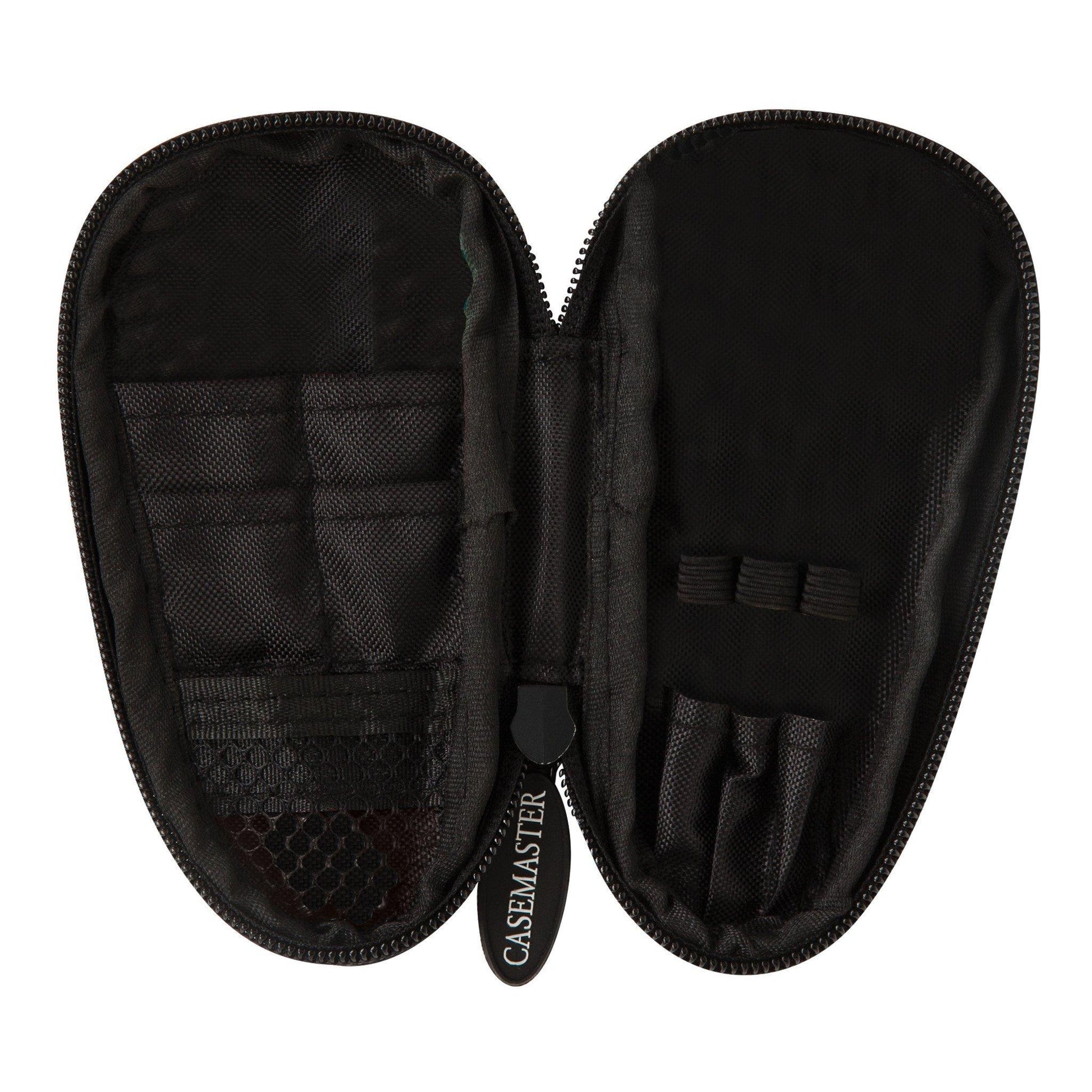 Black dart case opened flat showing mesh pockets inside and zipper pull labeled "Casemaster