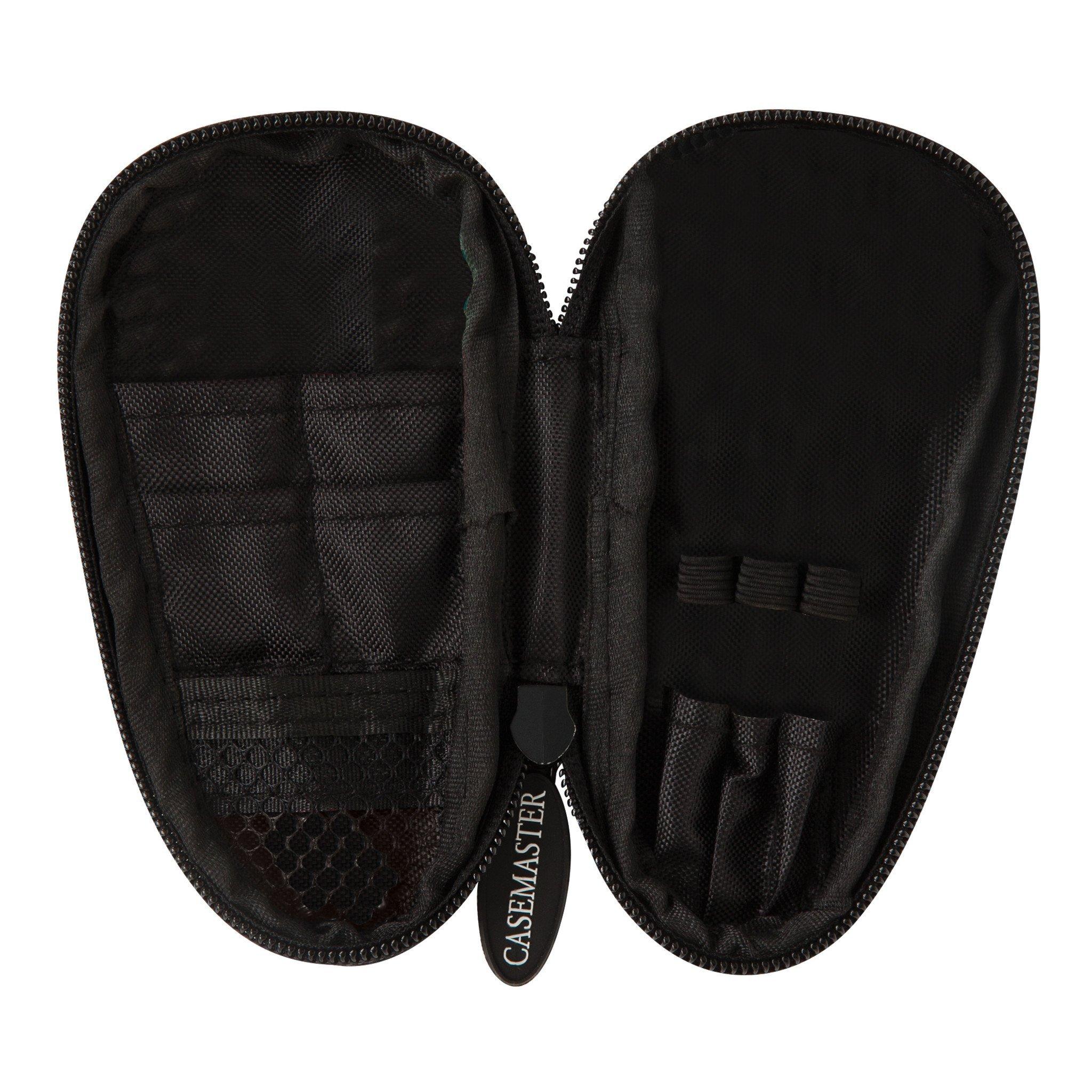 Black dart case opened flat showing mesh pockets inside and zipper pull labeled "Casemaster