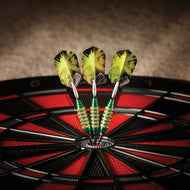 Three darts with yellow flights and green barrels in dartboard bullseye