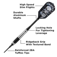 Dart with black skull-design flight, metal shaft, textured grip band, and pointed tip with labeled parts
