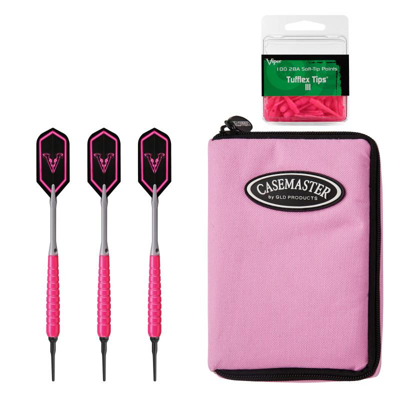 Viper V Glo Soft Tip 18gm Pink, Casemaster Select Pink Nylon Case, and Viper 2BA Tufflex Tips III- Neon Pink 100ct. Box Soft-Tip Darts Viper 