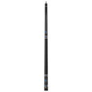 Black billiards cue with blue stripe accents and wrapped grip section, displayed vertically