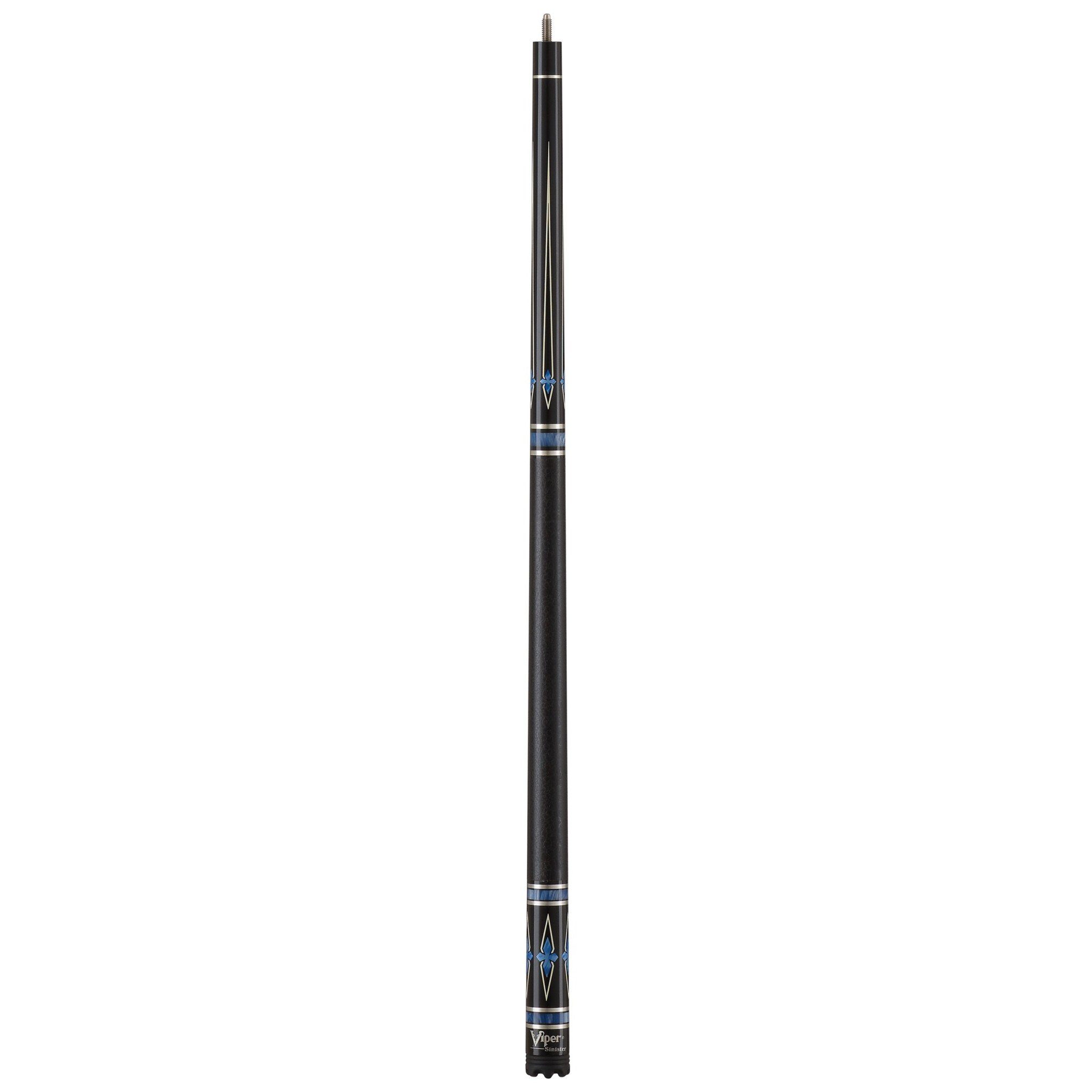 Black billiards cue with blue stripe accents and wrapped grip section, displayed vertically