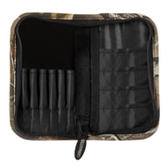 Open camouflage dart case displaying black mesh compartments and elastic dart loops inside