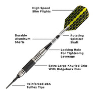 Diagram of a dart with yellow flight, metal shaft, textured grip, and labeled component parts