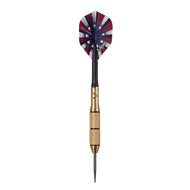 Dart with burgundy and white striped flight, black shaft, and brass barrel with knurled grip sections