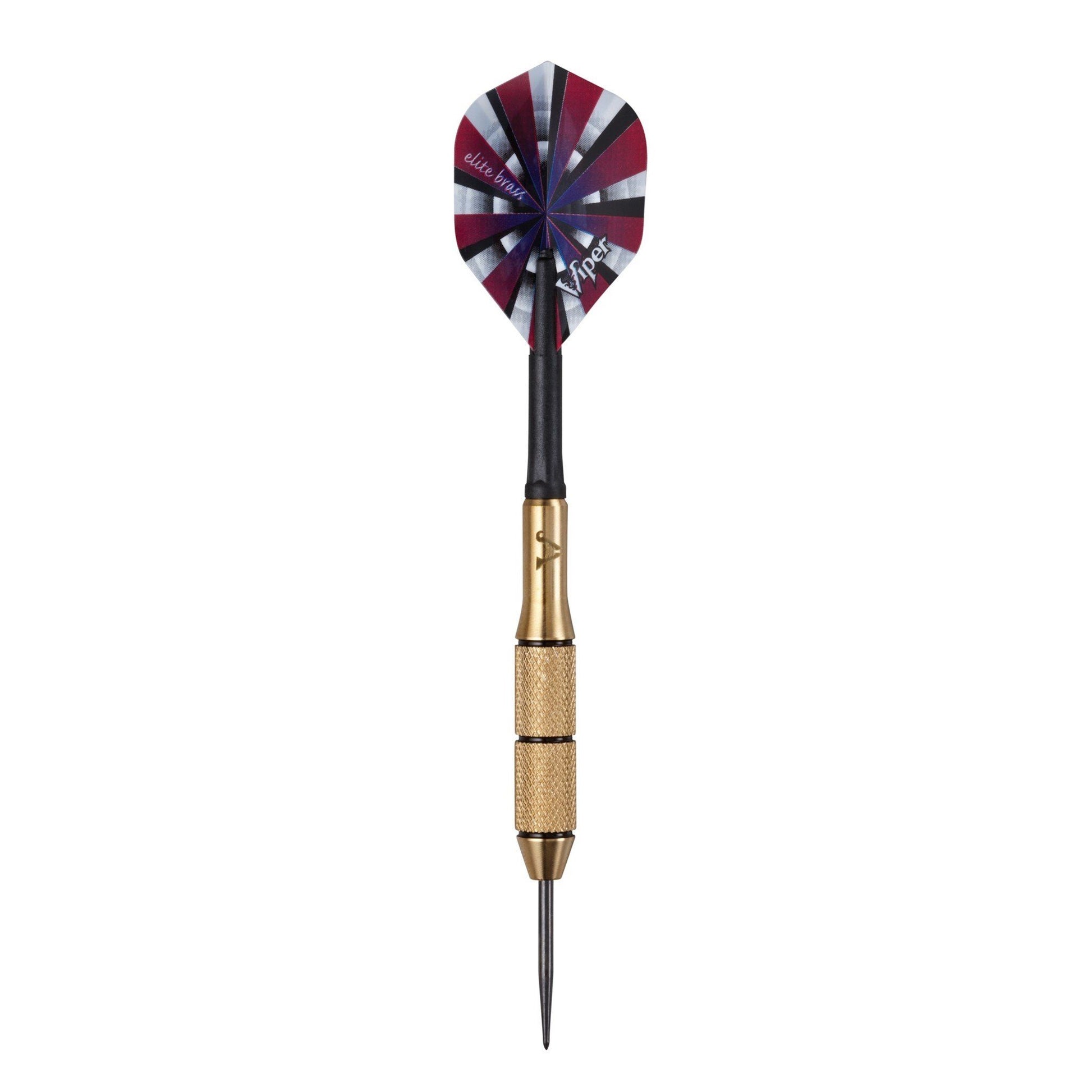 Dart with burgundy and white striped flight, black shaft, and brass barrel with knurled grip sections