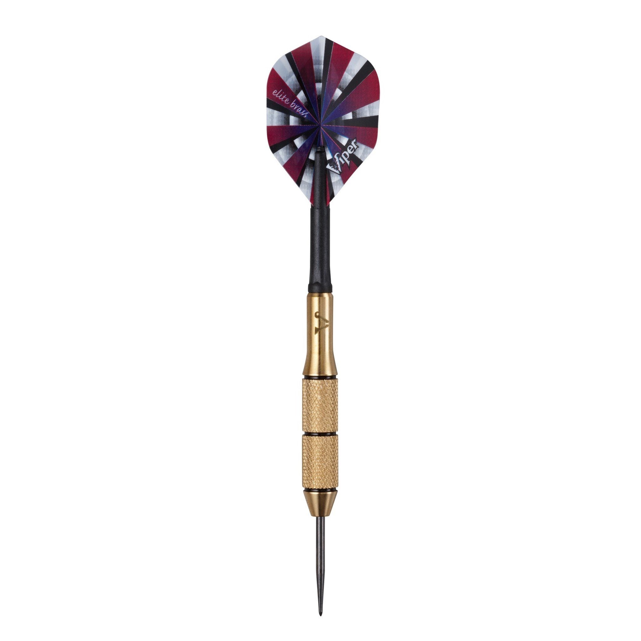 Dart with burgundy and white striped flight, black shaft, and brass barrel with knurled grip sections