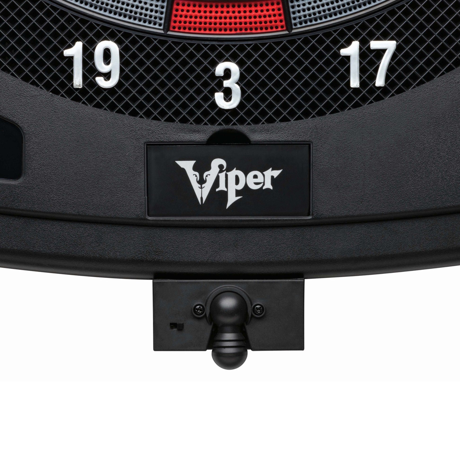 Black electronic dartboard with red LED display and white number markings