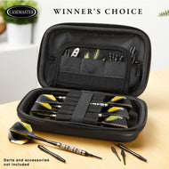 Open black dart case with yellow and black patterned darts displayed inside and beside it on a wooden surface