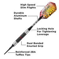 Diagram of a dart with red and yellow patterned flight and black grip, labeled with component features