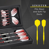 Black case holding red and white striped darts and yellow darts with matching flights