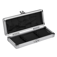 Open aluminum dart case with silver frame and black fabric-lined compartments, lid propped open