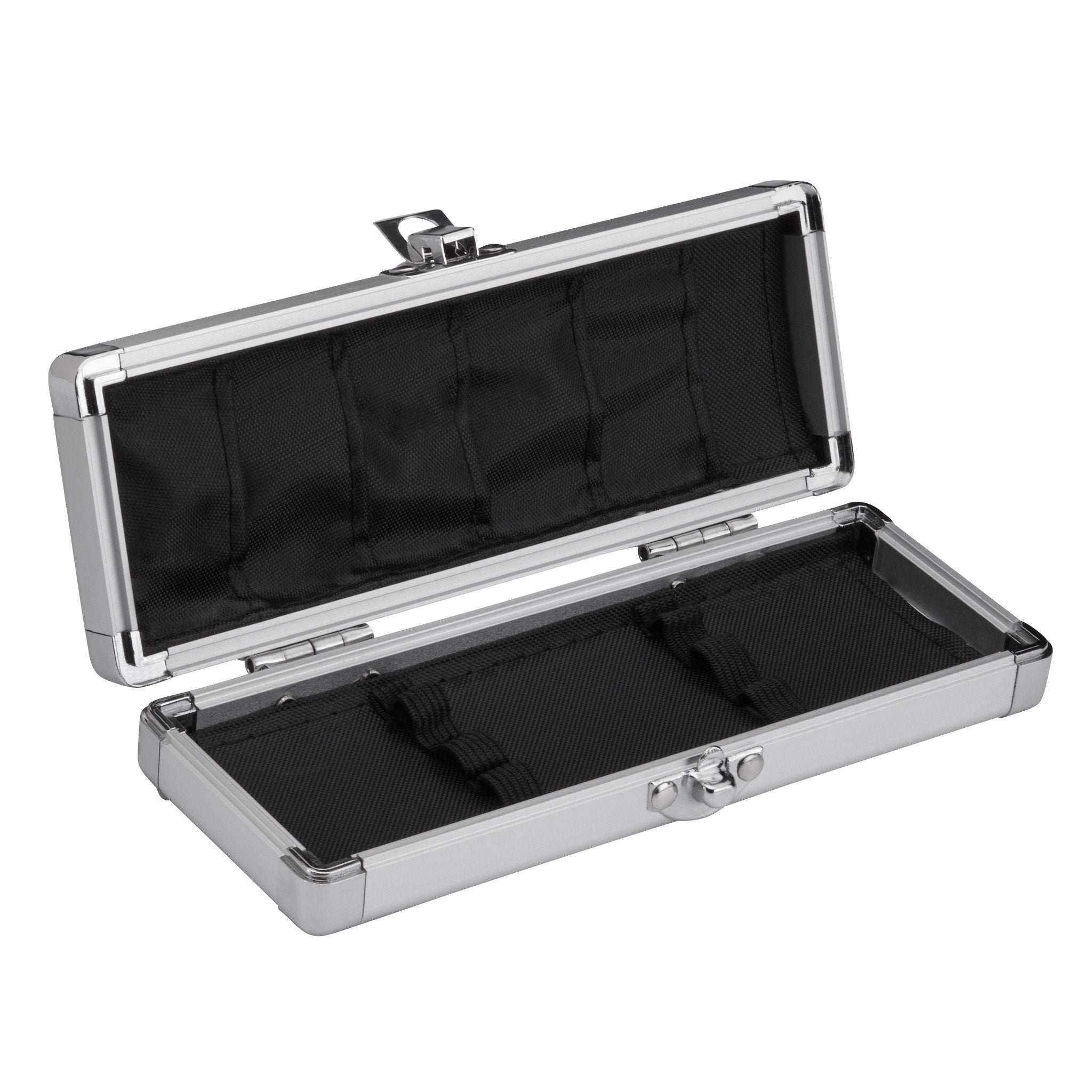 Open aluminum dart case with silver frame and black fabric-lined compartments, lid propped open