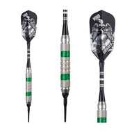 Three darts with black eagle-design flights, textured metal barrels with green bands, and black tips