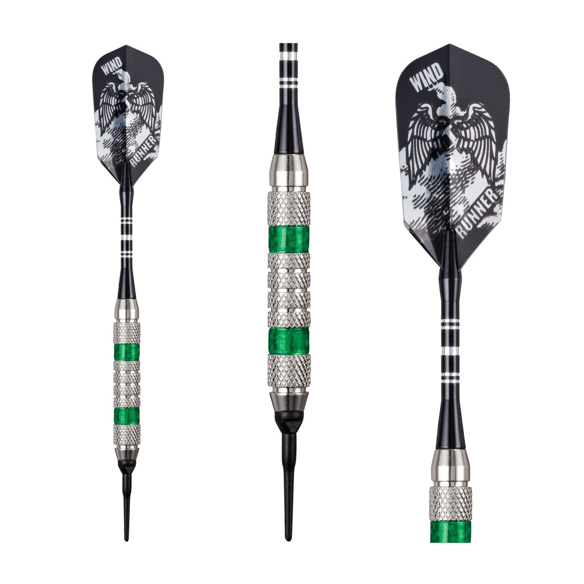Three darts with black eagle-design flights, textured metal barrels with green bands, and black tips