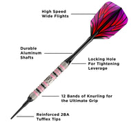 Dart with magenta and red striped flight, black shaft, and pink grip bands with labeled features