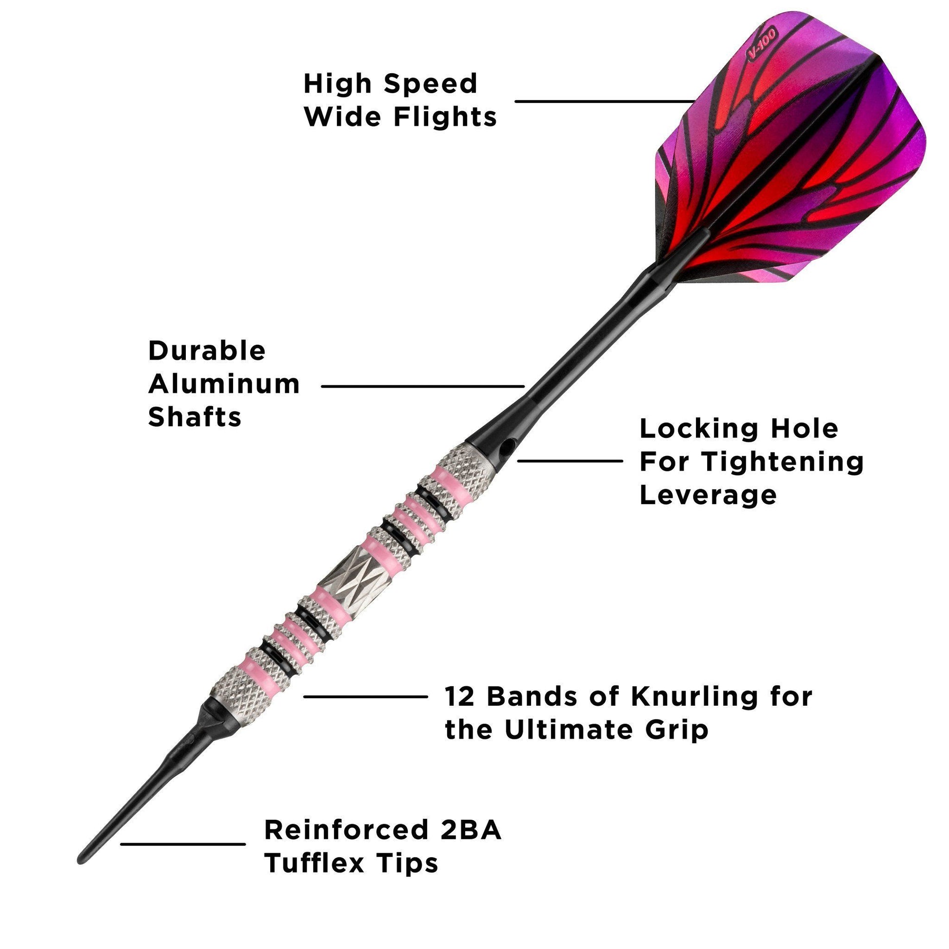 Dart with magenta and red striped flight, black shaft, and pink grip bands with labeled features