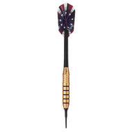 Dart with burgundy, white, and black segmented flights, black shaft, and gold-wrapped grip with black tip