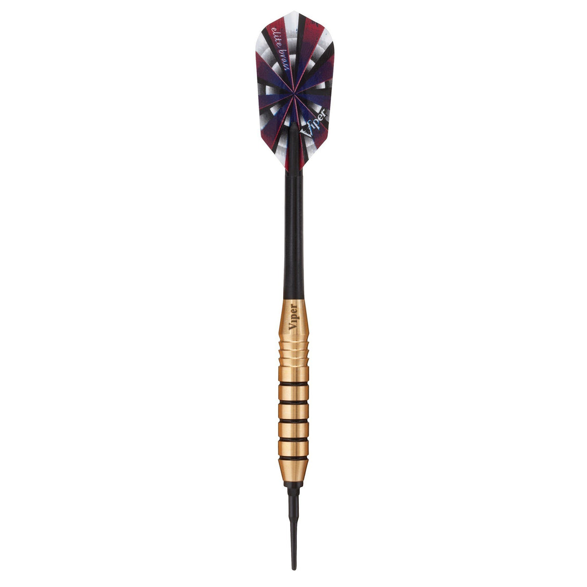 Dart with burgundy, white, and black segmented flights, black shaft, and gold-wrapped grip with black tip