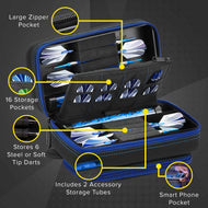 Black dart case with blue zipper showing darts, flights, and labeled storage pockets and accessories inside