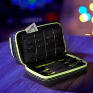 Black dart case with neon yellow trim, cash slot, and stored darts inside
