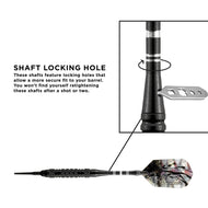Black dart with knurled grip, white stripe bands, and feathered flight labeled Black Magic