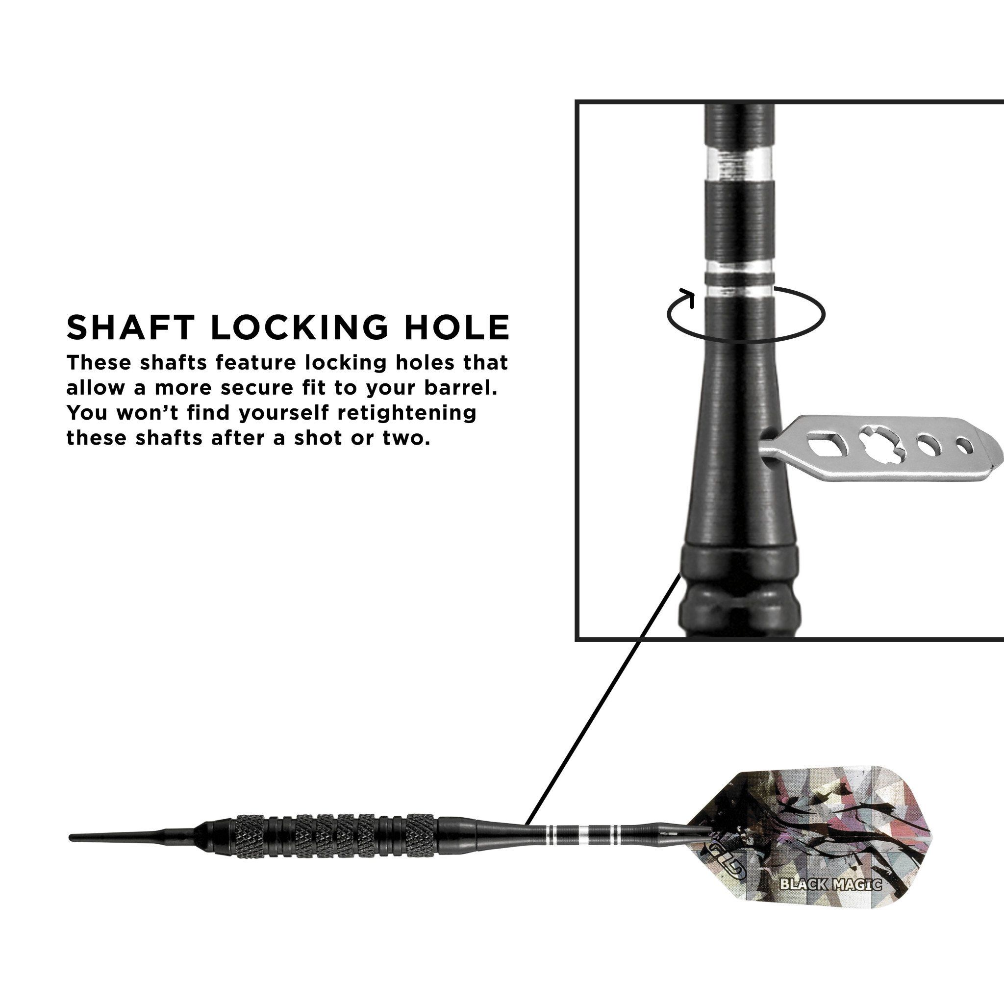 Black dart with knurled grip, white stripe bands, and feathered flight labeled Black Magic