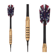 Three darts with burgundy and purple flights, gold barrels, black shafts