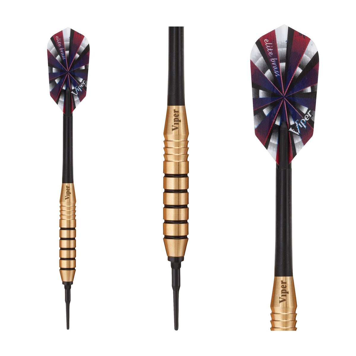 Three darts with burgundy and purple flights, gold barrels, black shafts