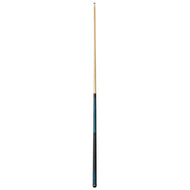 Billiards cue with light wood shaft, blue wrapped grip section, and black ferrule and butt end