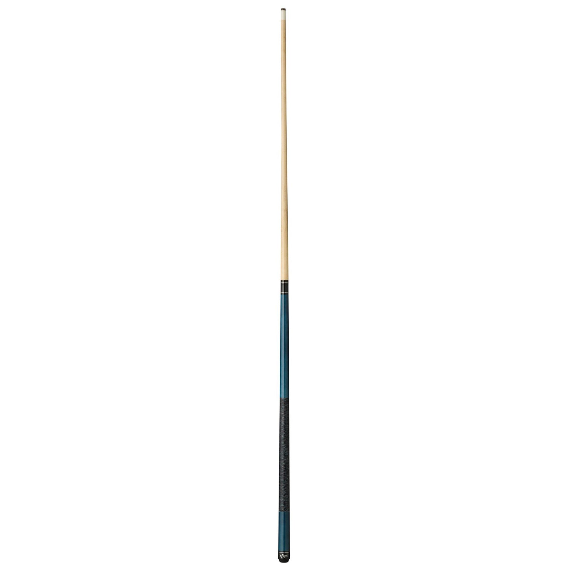 Billiards cue with light wood shaft, blue wrapped grip section, and black ferrule and butt end