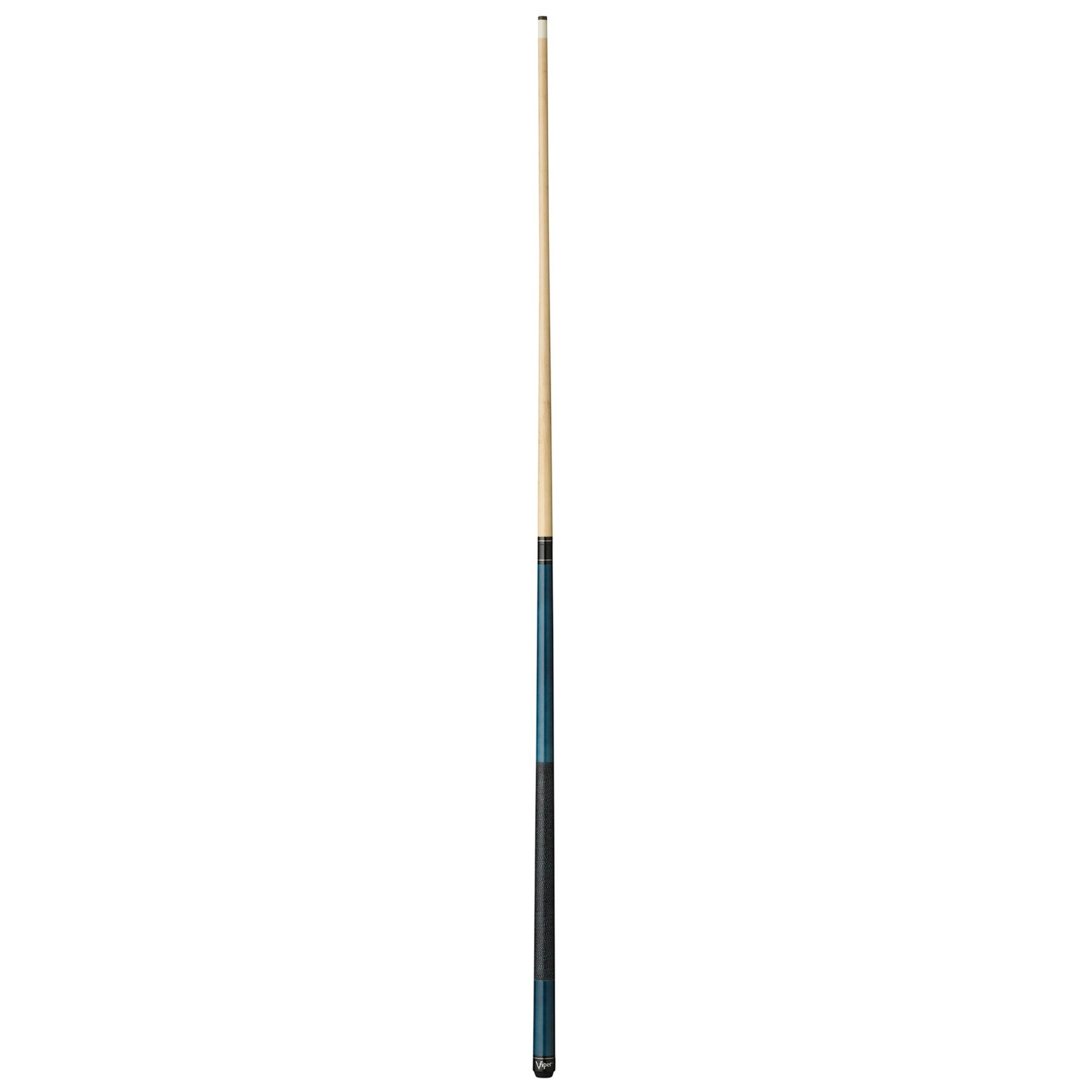 Billiards cue with light wood shaft, blue wrapped grip section, and black ferrule and butt end