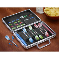 Open aluminum case displaying organized darts with colored blue, green, and red flights and spare components