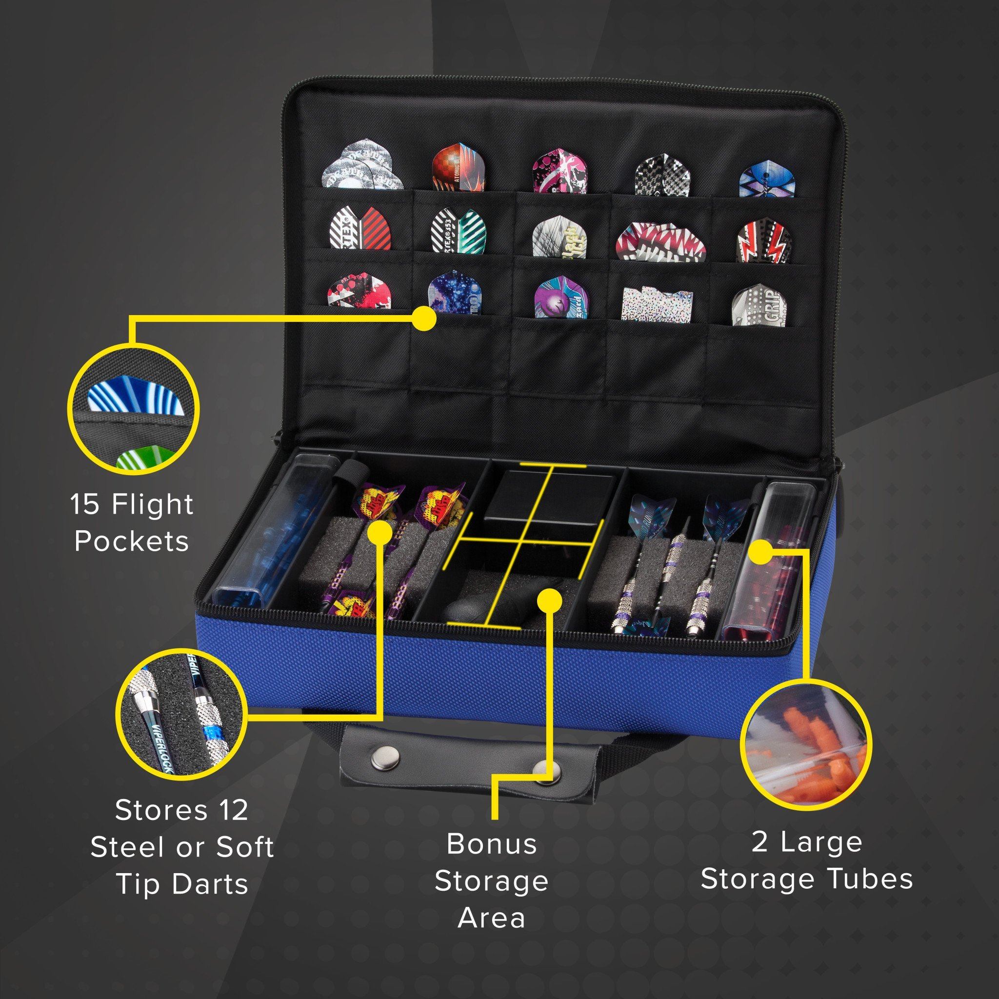 Blue and black dart case with 15 flight pockets and storage compartments for darts and accessories
