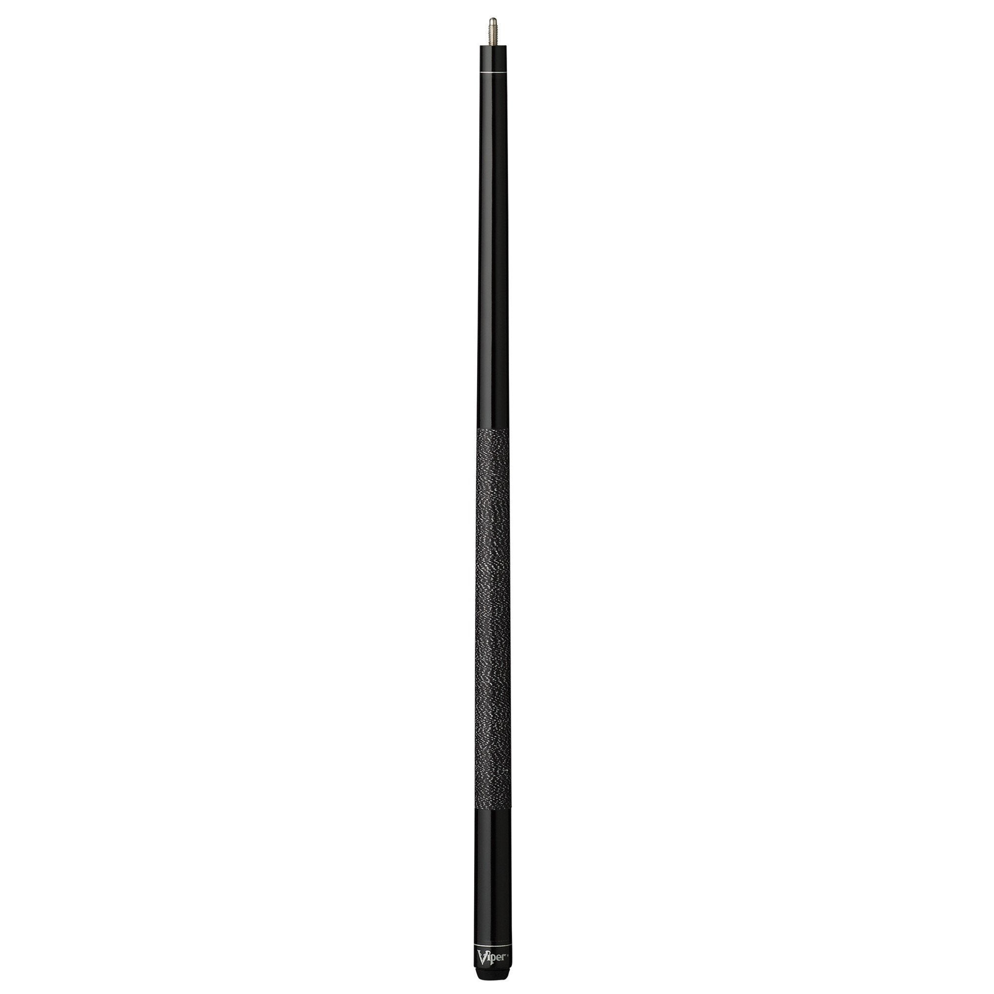 Black cue stick with textured grip section in middle and metal joint at top
