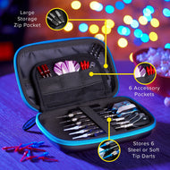 Blue dart case with compartments holding darts, flights, and accessories against colorful bokeh background