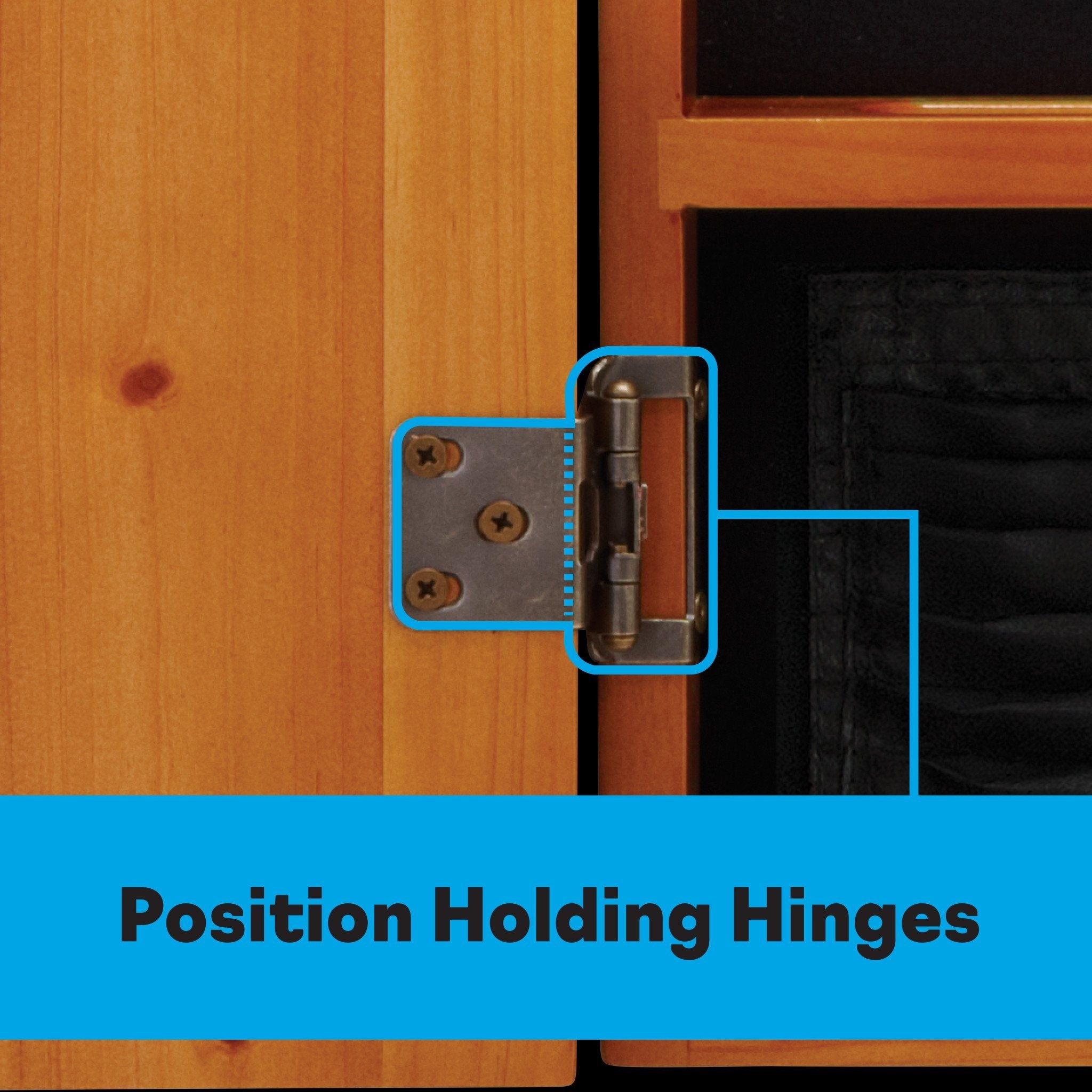 Brass hinge with three screw holes mounted on wood grain