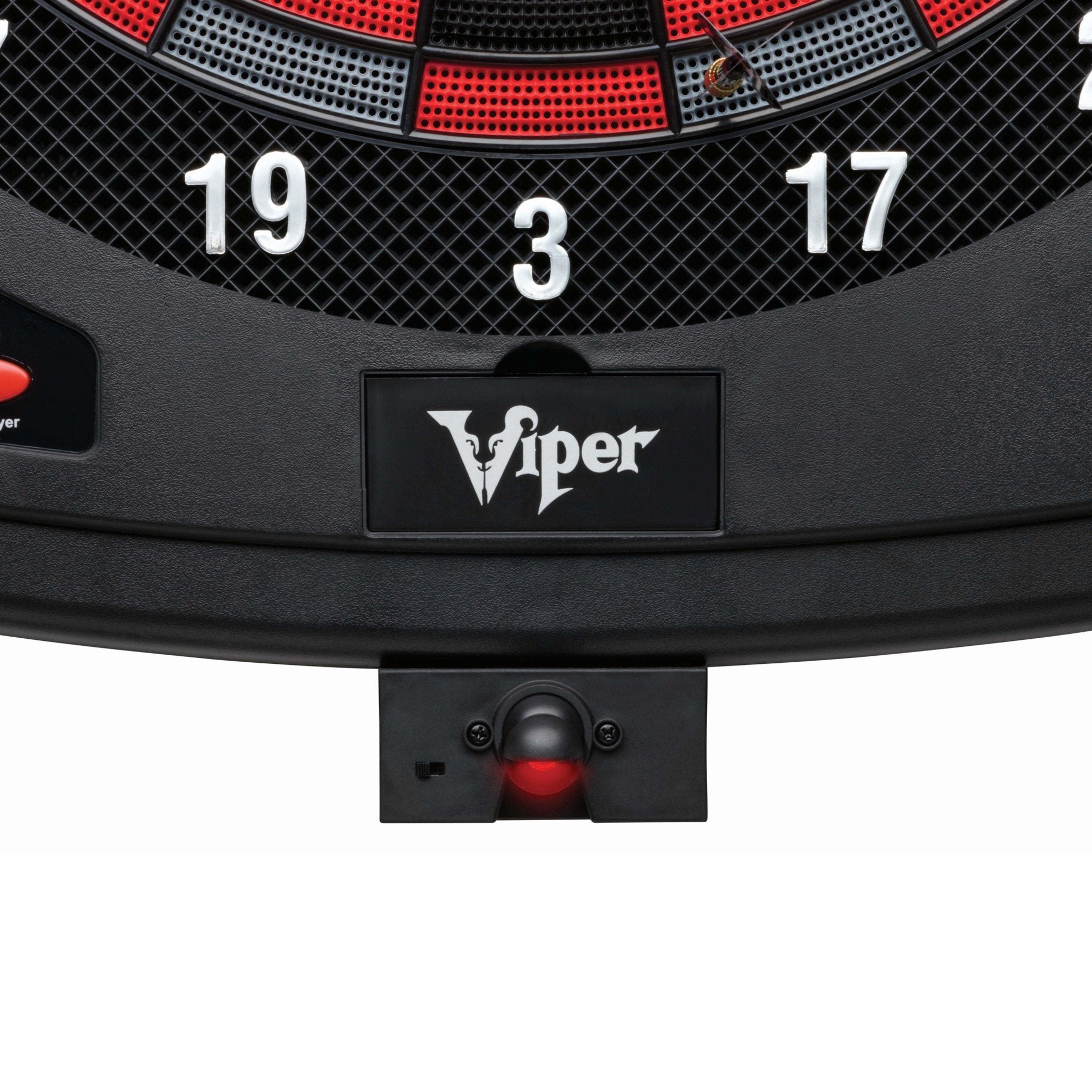 Electronic dartboard with red and gray segments, numbers visible, Viper logo, red LED light underneath