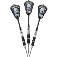 Three darts with black skull-patterned flights and silver metal barrels with black grip wraps