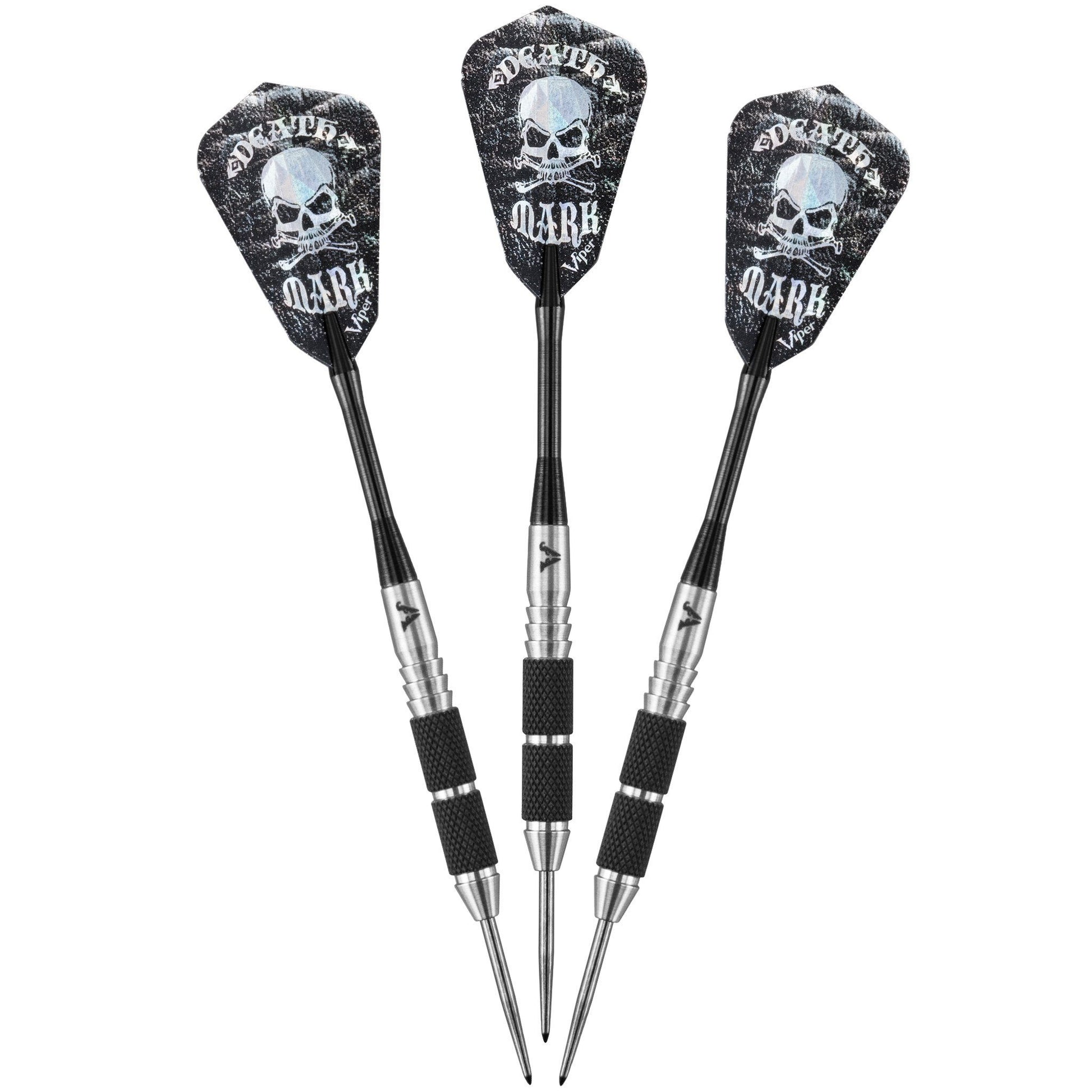 Three darts with black skull-patterned flights and silver metal barrels with black grip wraps