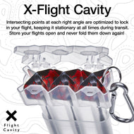 Transparent dart case with red and black darts and metal carabiner clip attached