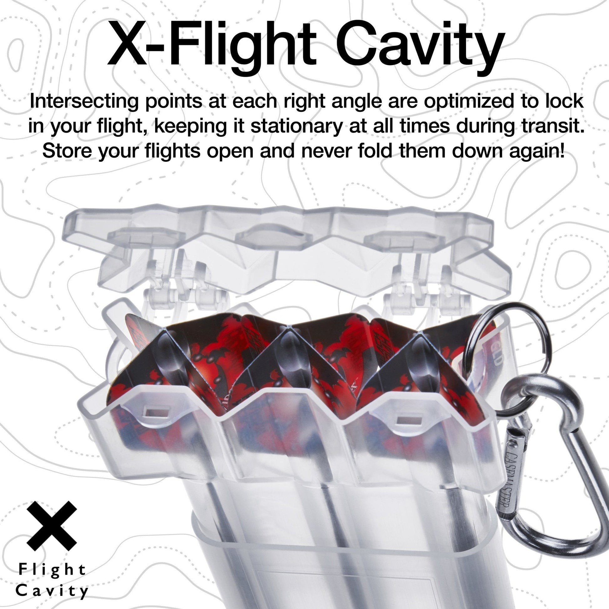 Transparent dart case with red and black darts and metal carabiner clip attached
